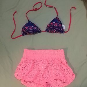 Bikini top and beach shorts